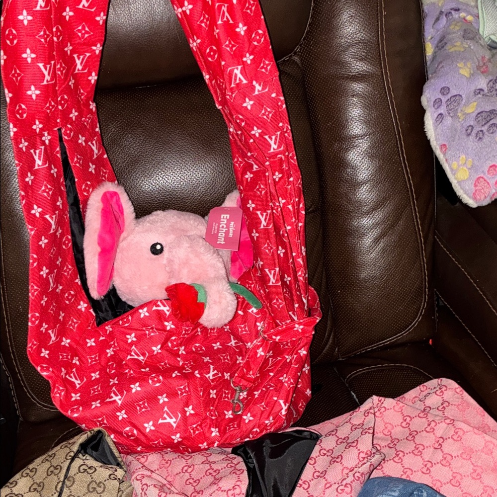 Red Designer style pet Sling Bag with harness connector safety strap